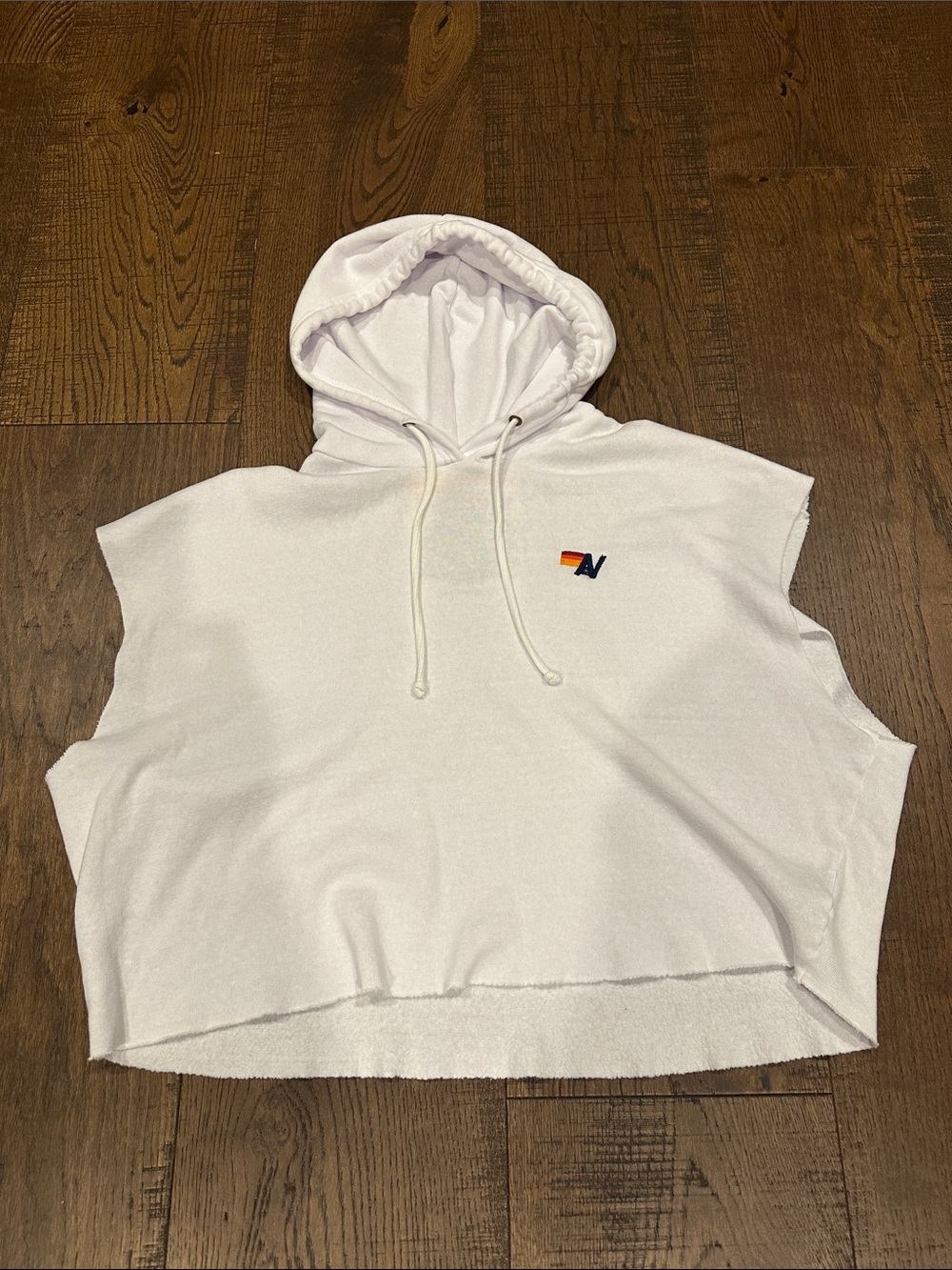 Aviator Nation White Sleeveless Cropped Hoodie with Multicolor Logo